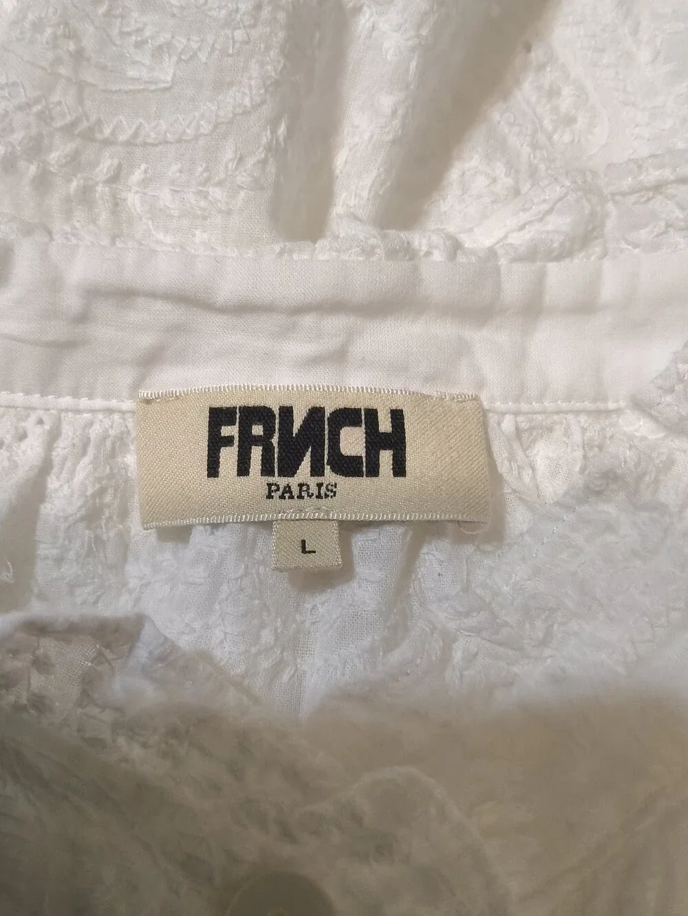 FRNCH Paris White Embroidered Eyelet Cotton Blouse Size L Coastal Cottagecore - Picture 3 of 10